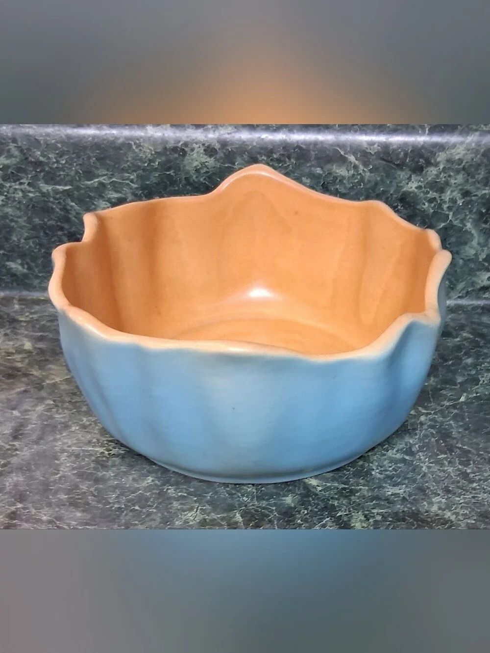 RARE Vintage Roseville Pottery Ruffled Bowl 60-6  Peach, Blue – C:1933